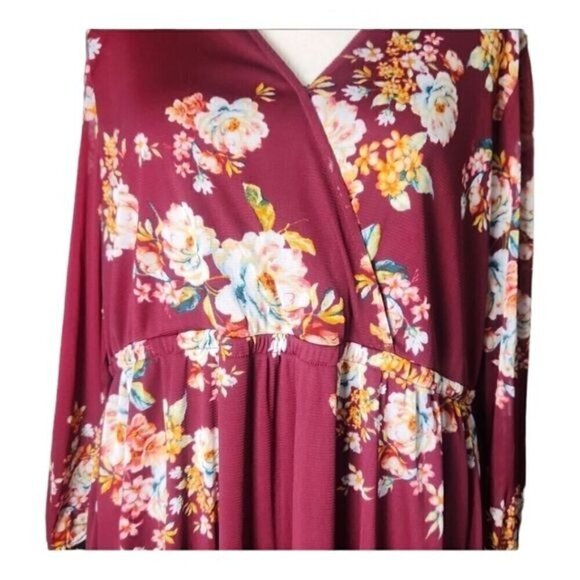 Burgundy Cherry Maroon Floral Fall Maxi Dress w/ Lace 3X Boho Chic Cottagecore - Picture 6 of 12